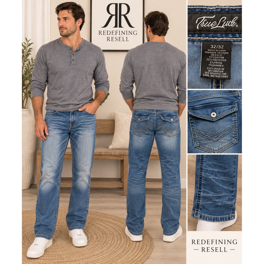 True Luck Mens Blue Straight Leg Jeans 32x32 Medium Wash Flap Pocket Contrast St